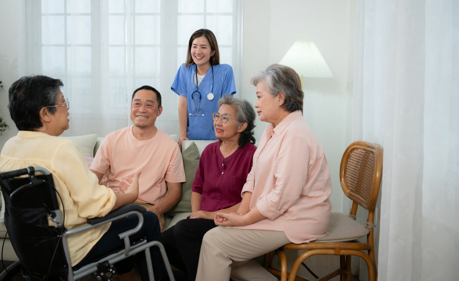 A nurse in blue scrubs smiles while listening to a family gathering in a living room, where an elderly woman in a wheelchair talks with her loved ones. This image illustrates a family discussing care options, highlighting that patients have the protected right to voluntarily leave or revoke hospice care at any time to alter their treatment goals.